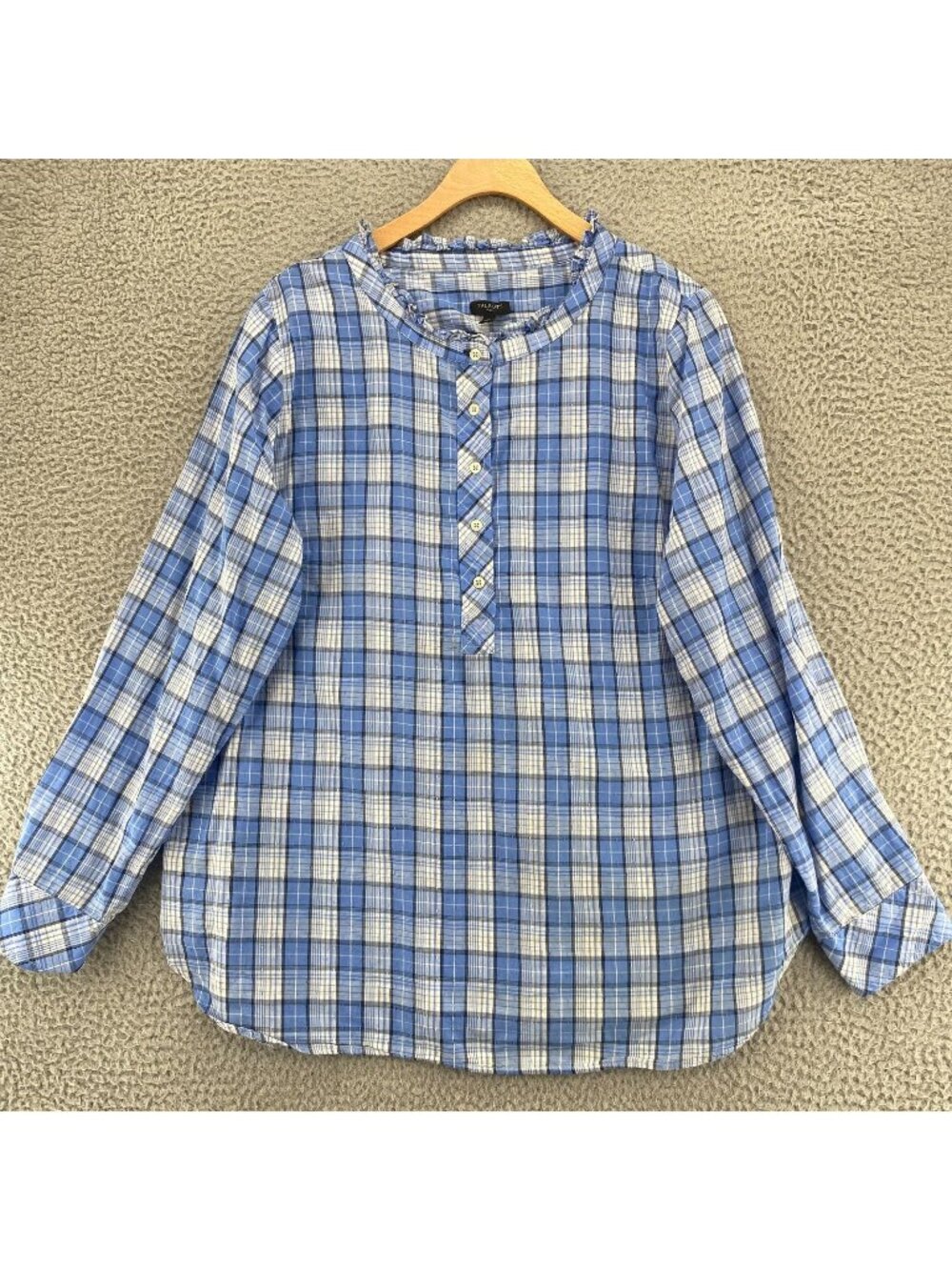 Talbots Top Womens 1X Blue Plaid Cotton Ruffle Neck Half Buttoned Long Sleeve